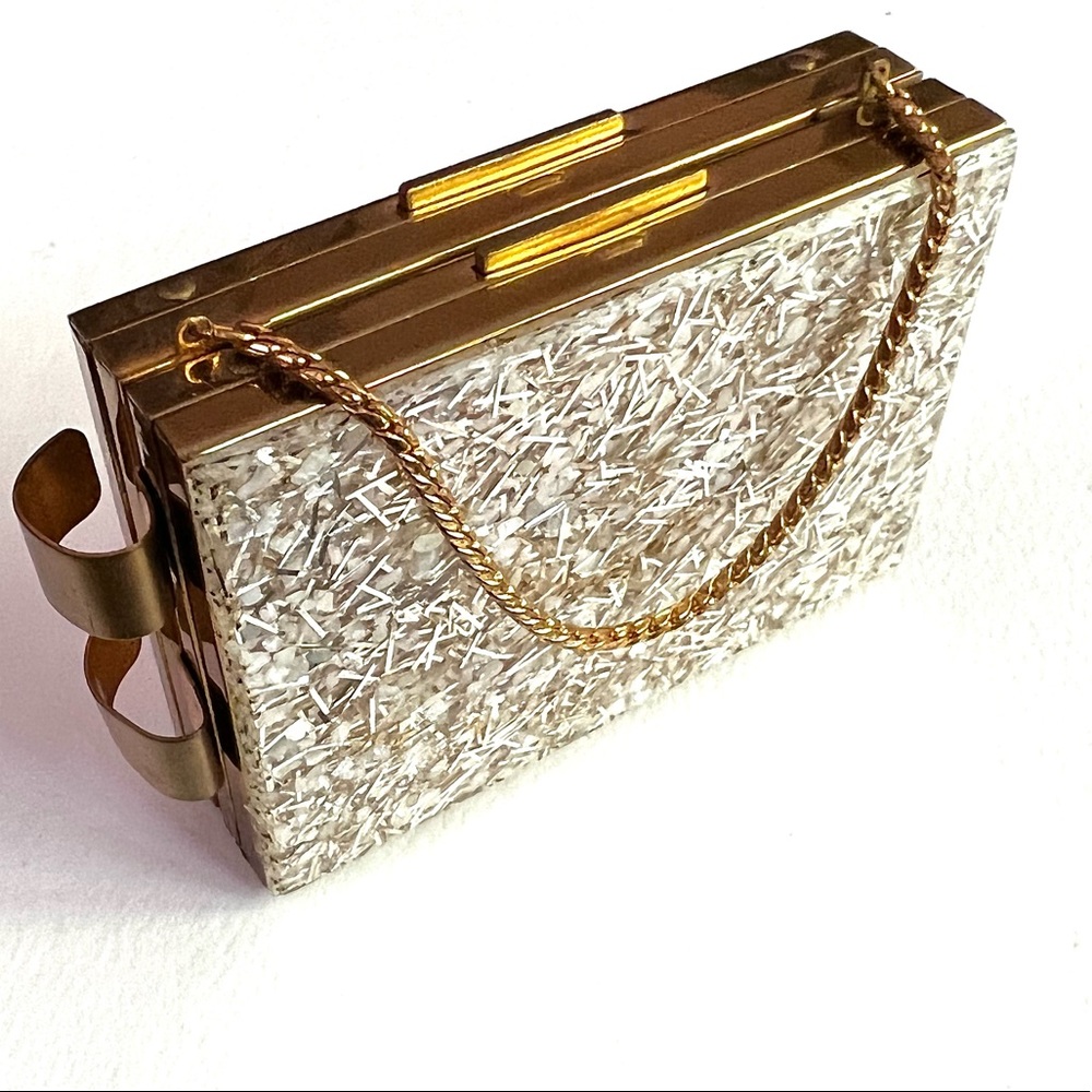 Retro Vintage Gold Tone Metal Glitter Compact Makeup Bag Purse Case Travel